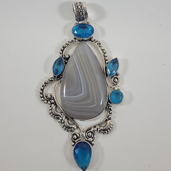 Handmade Silver Pendant Featuring Banded Agate & Five Faceted Blue Topaz Stones - Picture 1 of 10